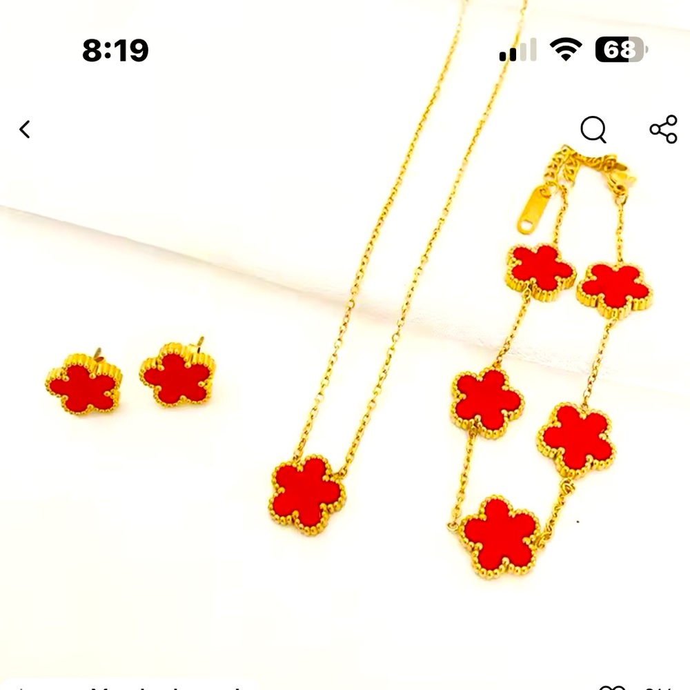 Red stainless steel plum blossom five leaf bracelet/necklace/earrings Gold Trim